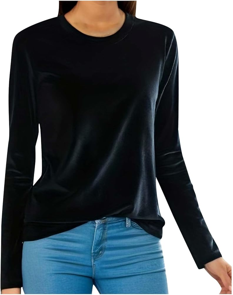 Velvet Tops for Women Long Sleeve Round Neck Shirt Blouse Pullove Solid Casual Tee Shirt Trendy Velvet Tops