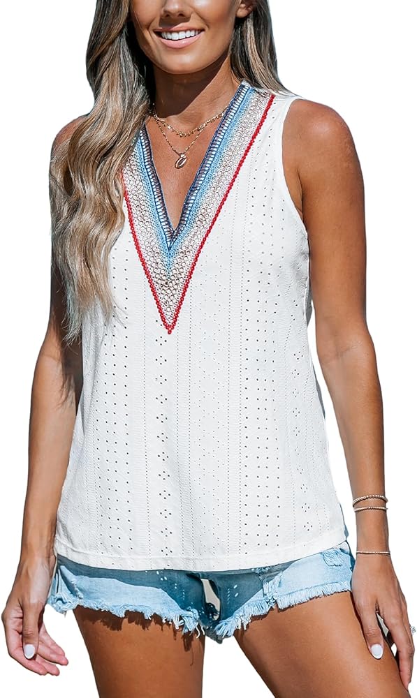 CUPSHE Women Eyelet Tops V Neck Embroidered Jersey Tank Lace Cutout Blouses Tee Sleeveless Shirt Casual