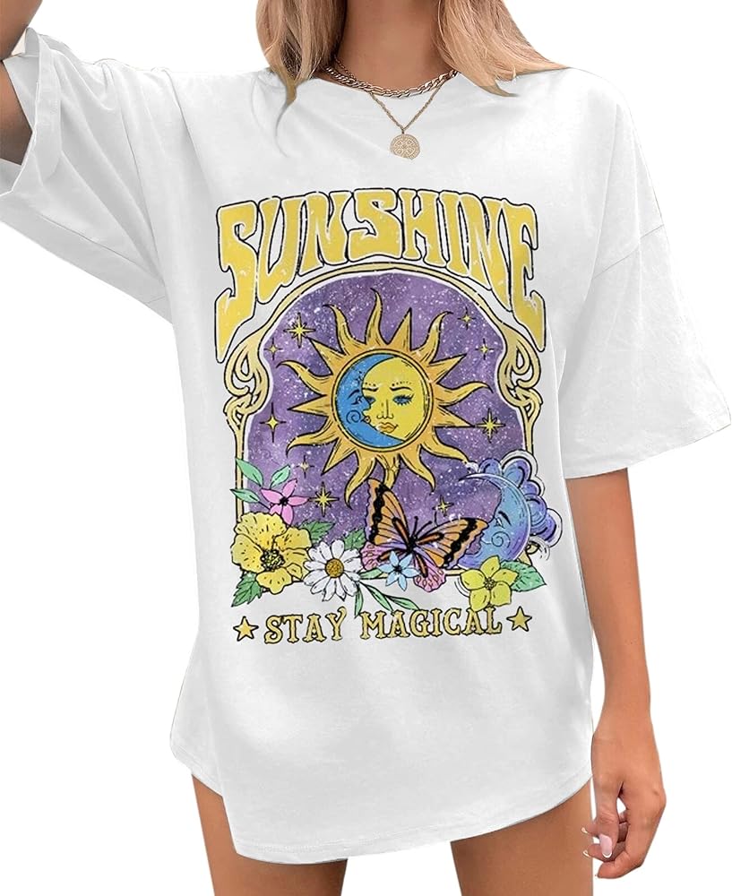 Meladyan Women Sun and Moon Aesthetic Oversized Graphic Print T-Shirt Top Drop Shoulder Short Sleeve Preppy Tee Shirt Tops