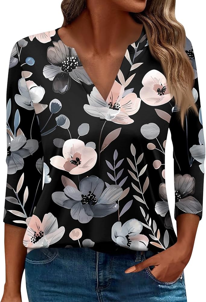 Women's Tops Long Sleeve V Neck Trendy Clothes Floral Tees Loose Tunics Casual Blouses