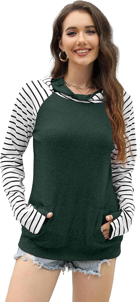 Womens Striped Hoodies Tops Long Sleeve Cowl Neck Casual Pullover Sweatshirts Blouses with Pockets