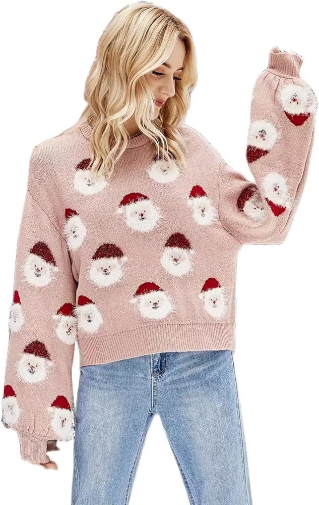 Ugly Christmas Sweaters for Women Cute Santa Knitted Pullover Crewneck Long Sleeve Xmas Sweaters