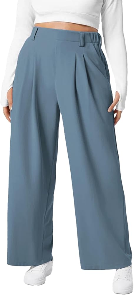 Eytino Womens Plus Size Wide Leg Dress Pants Elastic High Waisted Casual Waffle Palazzo Pants Trousers with Pockets(1X-5X)