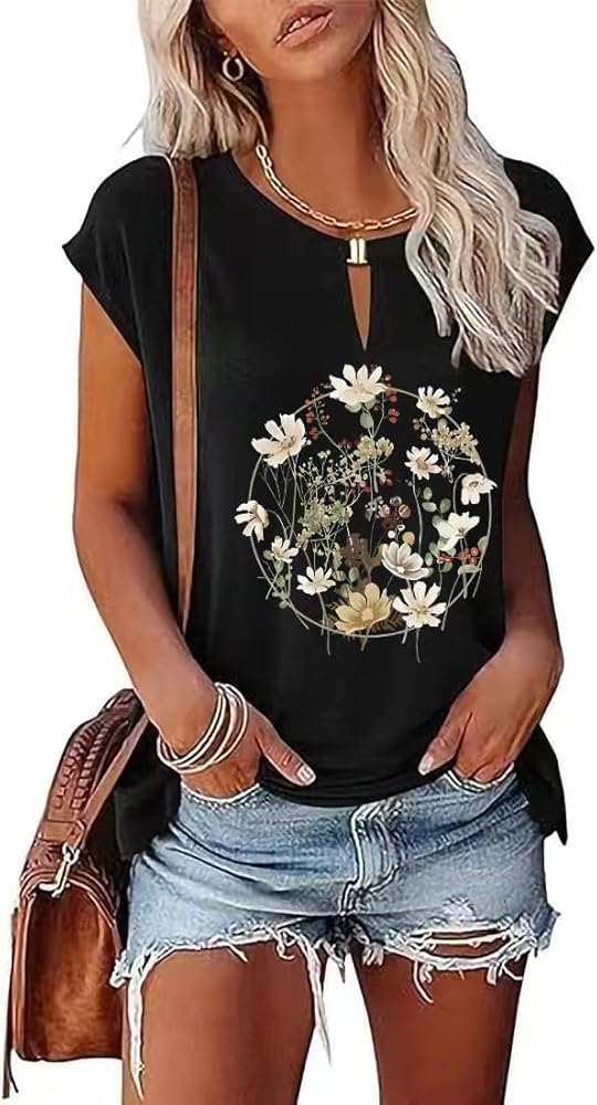 Boho Floral Wildflowers Graphic Tee for Women Vintage Flowers Cap Sleeve Loose Fite Blouses Tunic Summer Fall Shirt