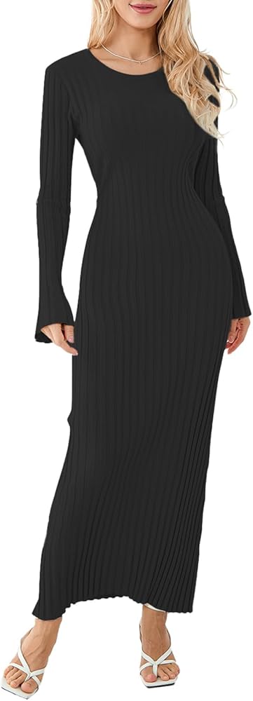 Women Sweater Dress Ribbed Long Sleeve Crewneck Knit Slim Fit Bodycon Dress Fall Maxi Long Dress