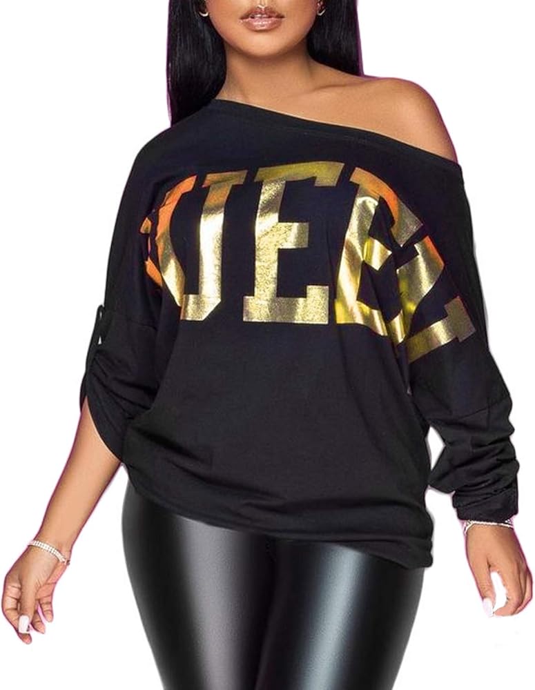 PESION Womens Off The Shoulder Tops Sexy Shiny Metallic Shirts Long Sleeves Fashion Graphic T-shirts Blouses