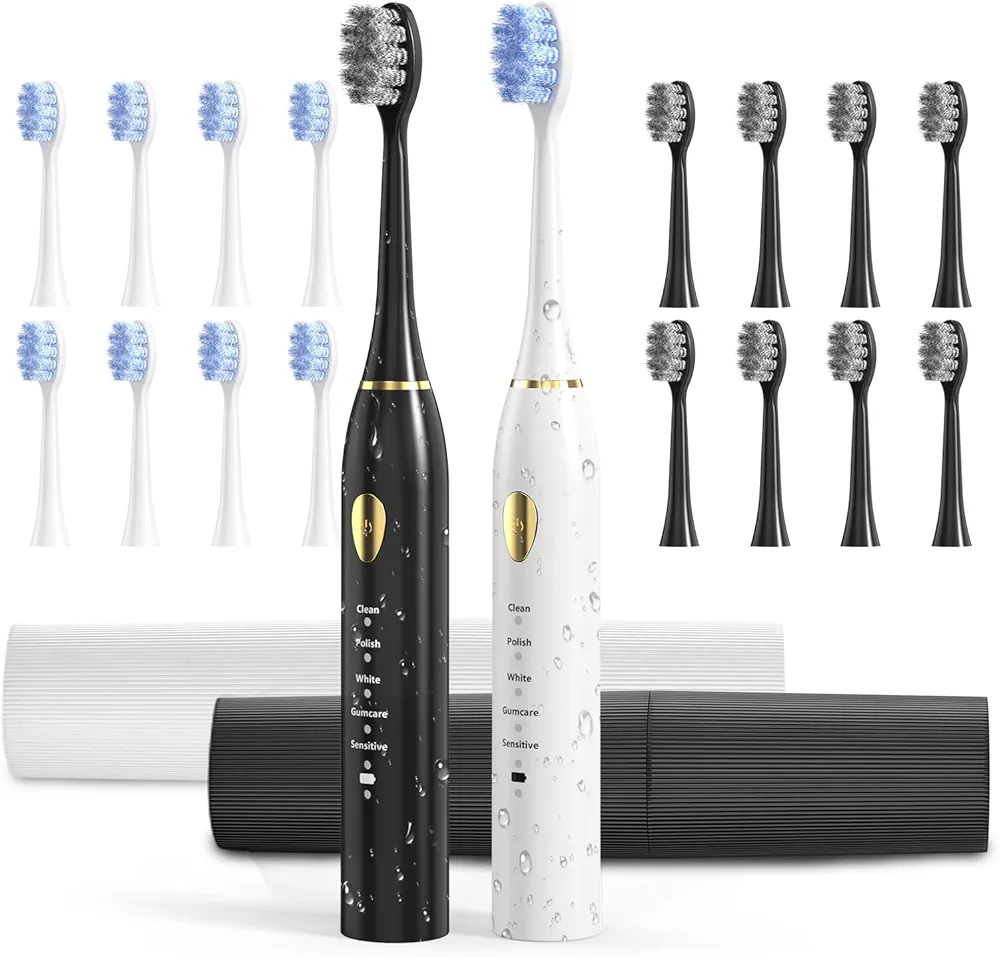 2 Pack Electric Toothbrush with Travel Case, 16 Brushes Heads, 6 Modes 35000vpm, IPX7 Waterproof, Electric Toothbrush for Adults and Kids Black+White