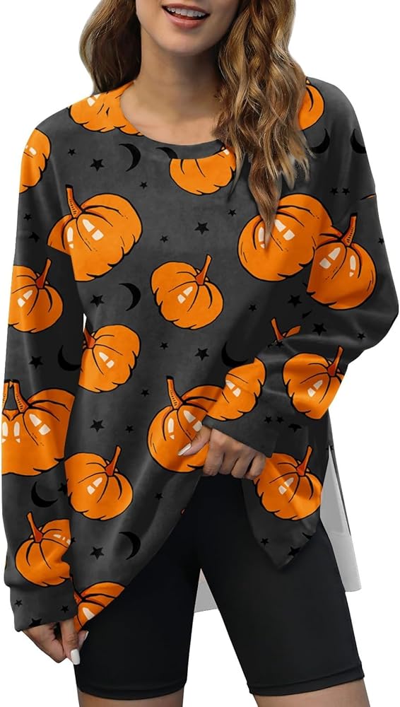 Halloween Sweatshirts For Women Fashion Side Split Round Neck Pullover Long Sleeve Halloween Printed Top Sweatshirt