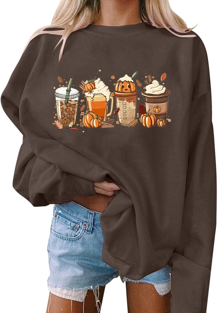 Thanksgiving Sweatshirt Women Pumpkin Coffee Graphic Sweatshirts Cute Halloween Shirts Fall Crewneck Sweatshirt