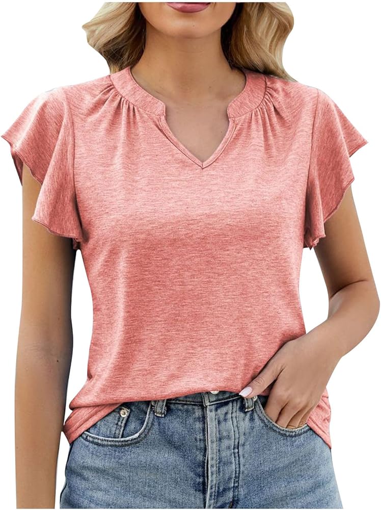 Summer Tops for Women 2024 Casual Shirts Ruffle Cap Sleeve V Neck Tunic Blouse Short Sleeve Flowy Tee Top Elegant Blouses