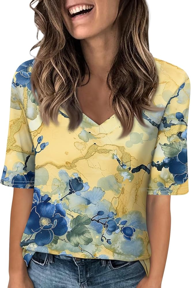 Womens V Neck T Shirts Elbow Sleeve Tops Half Sleeve Trendy Blouses Floral Print Oversized Tees for Women