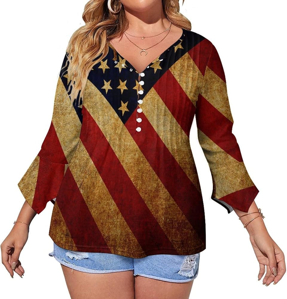 Vintage Flag of USA Cute Womens T-Shirts 3/4 Sleeve Button Down Tee Tops Blouse Summer Beach