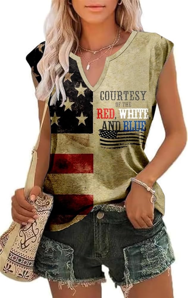 4th July Independence Day Cap Sleeve T-Shirt for Women Courtesy of The Red White and Blue Tank Tops