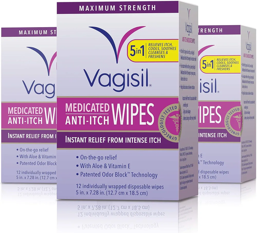 Vagisil Anti-Itch Medicated Feminine Intimate Wipes for Women, Maximum Strength, Gynecologist Tested, 12 Wipes (Pack of 3)