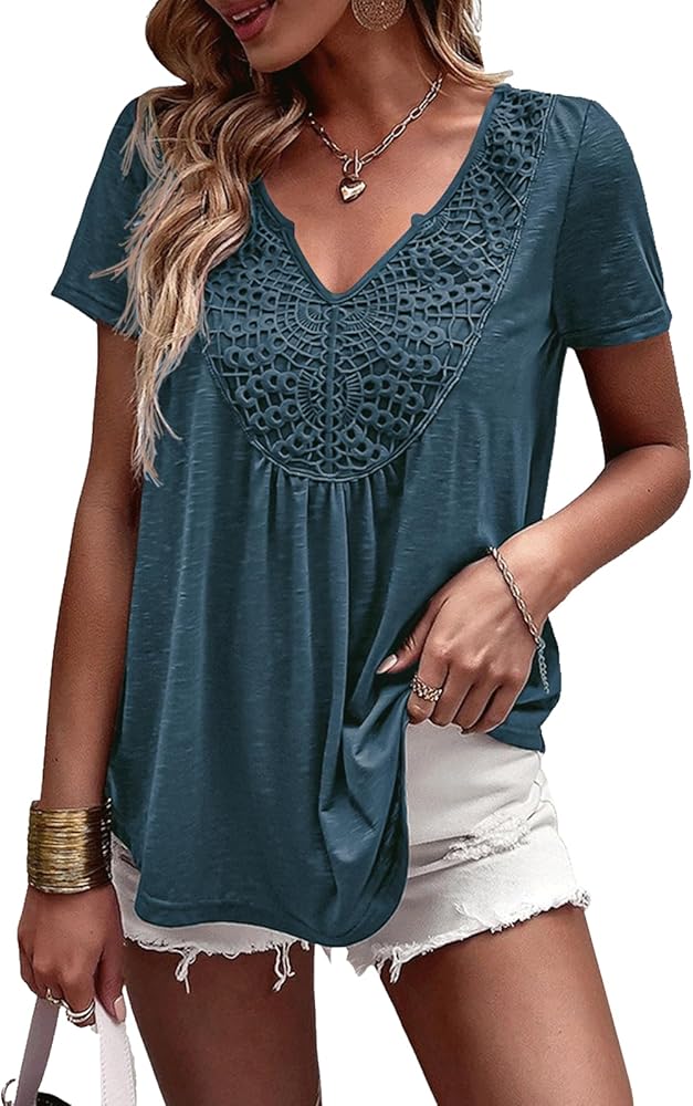 Women's Tops Short Sleeve Shirts 2024 Casual V Neck Summer Blouses Spring Tshirts Solid Tunic