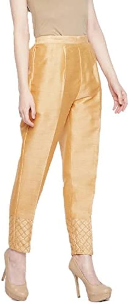 Women's Silk Gold Stripe Embroidery Regular FIT Pants/Trousers (L, GOLDAN)