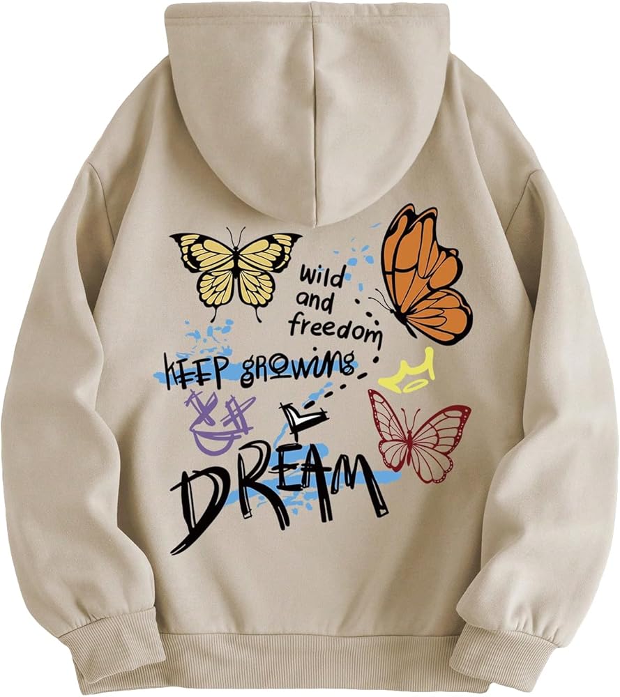 GORGLITTER Graphic Hoodies for Women Butterfly Print Y2k Long Sleeve Drawstring Sweatshirt