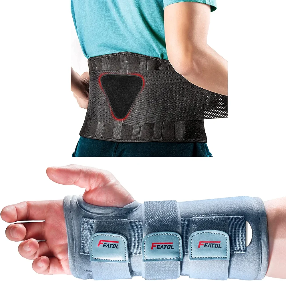 FEATOL Bundle of Carpal Tunnel Wrist Brace for Relieve and Treat Wrist Pain with Back Brace for Back Pain Relief, Herniated Disc, Sciatica