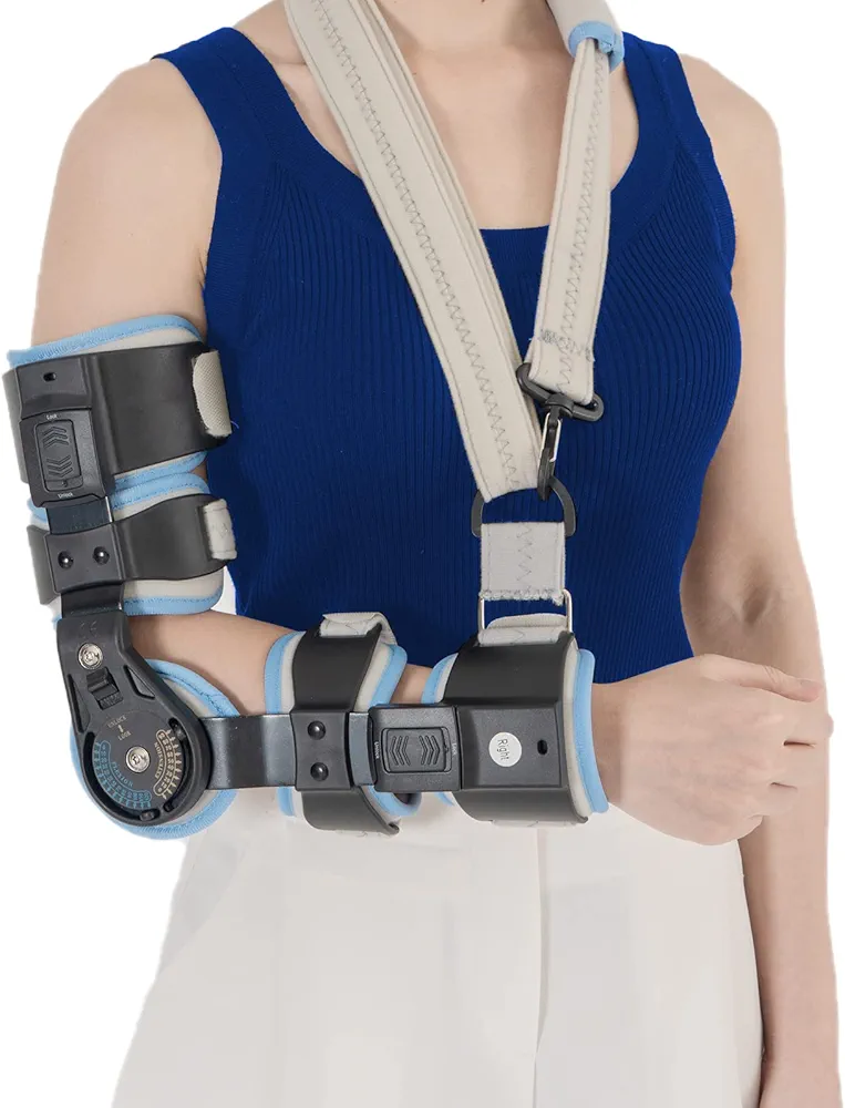 Hinged Elbow Brace ROM Elbow Brace Support with Strap Sling Adjustable Post Op Elbow Stabilizer Splint Arm Injury Recovery Support After Surgery for Dislocated Arm Ligament and Tendon Repairs (Right)