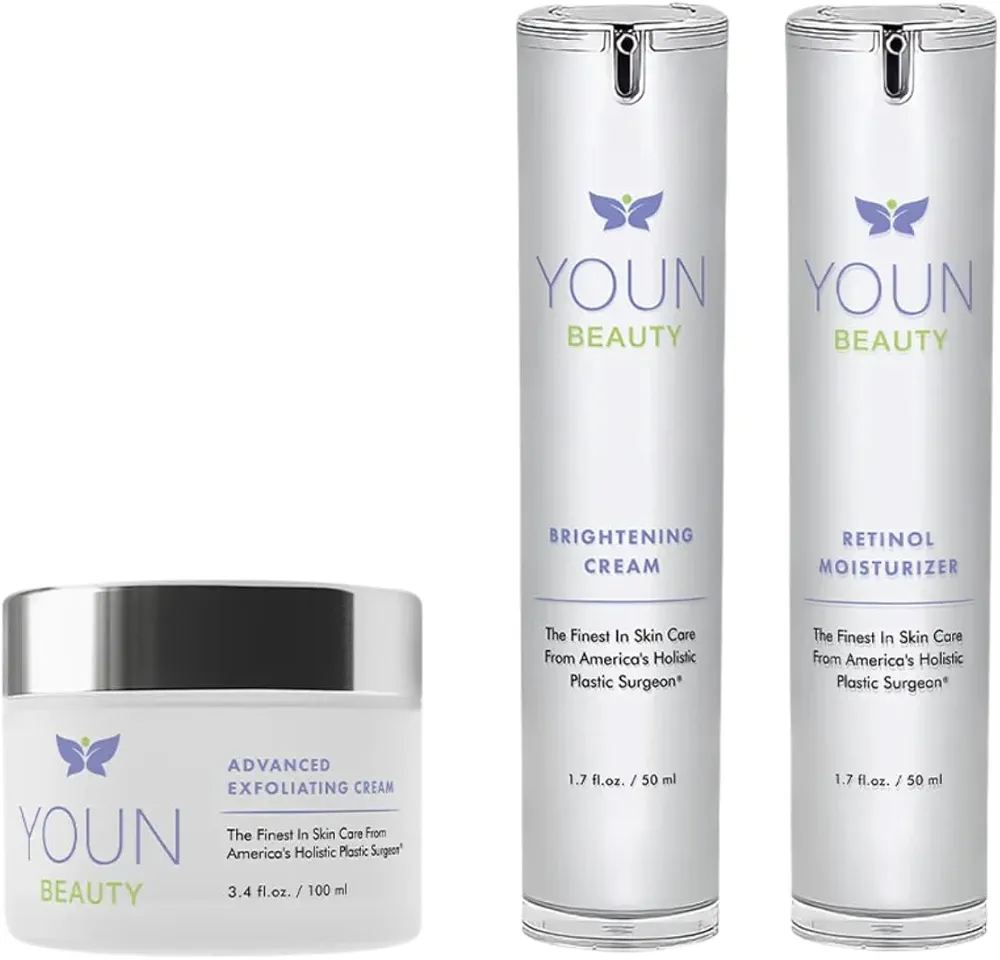 YOUN Beauty Sun Spots Skin Care Set by Holistic Plastic Surgeon Dr. Anthony Youn – Facial Skincare Bundle Includes Retinol Moisturizer, Brightening Face Cream & Advanced Wash-Off Exfoliating Cream