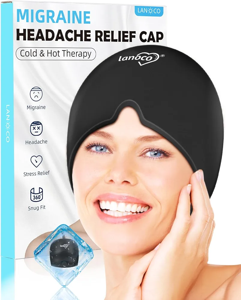 Migraine Headache Relief Cap, Cool Gel Head Wrap, Natural Hot & Cold Therapy, Reusable Ice Pack Hat - Migraine Eyes Mask for Anxiety, Tension, Stress, Sinus - One Size Fit All, Black