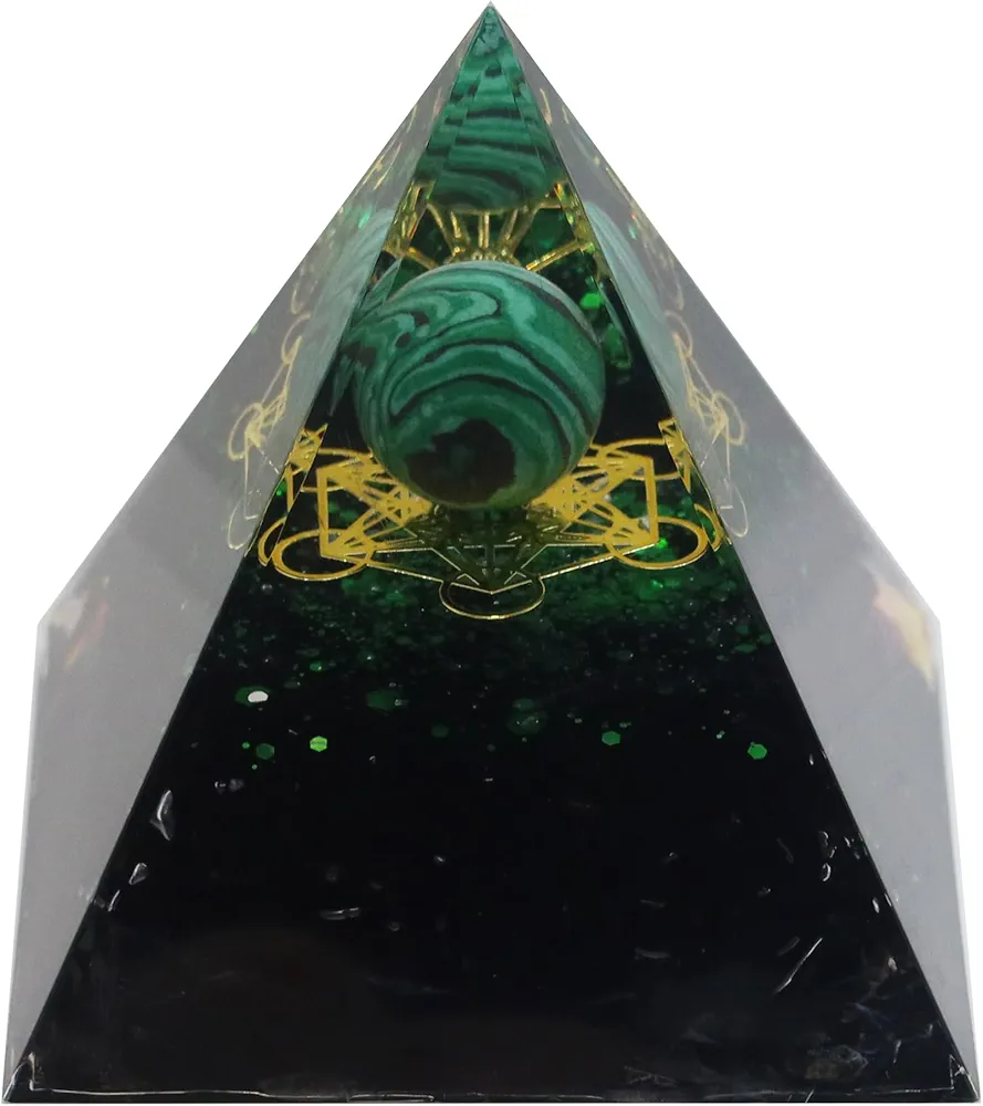 Orgone Pyramid, Mysterious Malachite Planet & Black Obsidian, Healing Crystals Orgonite Pyramids for Meditation Spirituality Metaphysics, NP01001-02039