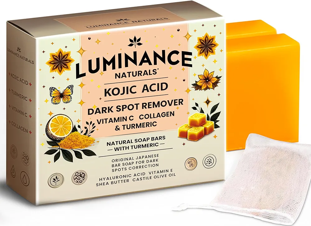 Turmeric and Kojic Acid Soap for Dark Spot Remover with Vitamin C, Retinol, Collagen, Rich in Hyaluronic Acid, Vitamin E, Shea, Olive Oil for Skin Rejuvenation (2 Pack)