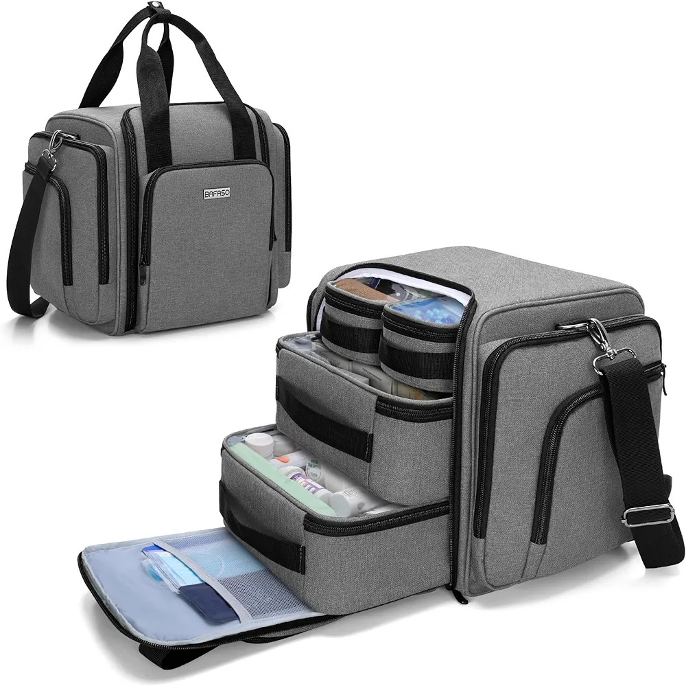 BAFASO Large Medicine Bag with 4 Inner Removable Pouches, Pill Bottle Organizer with Shoulder Strap (BAG ONLY), Gray