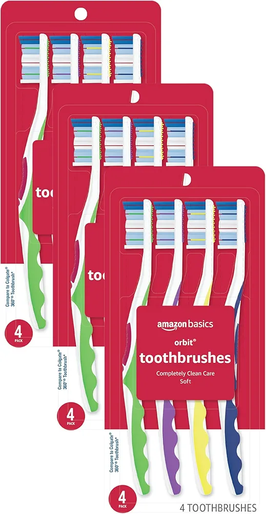 Amazon Basics Orbit Toothbrushes, Soft, Full, 4 Count, Assorted Colors (Previously Solimo) (Pack of 3)