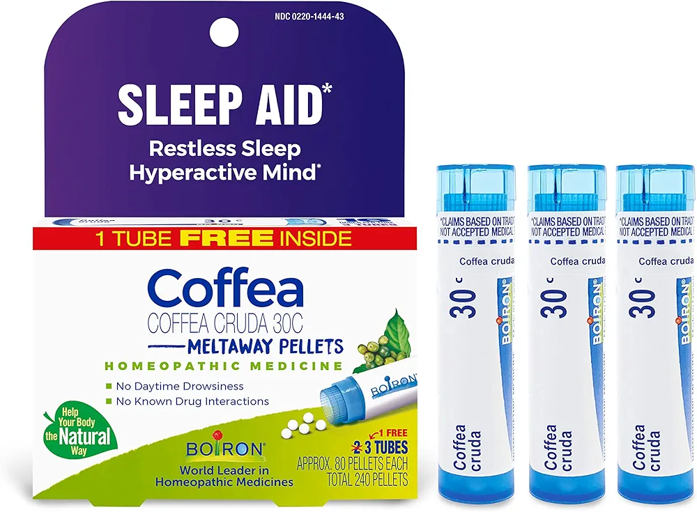 Boiron Coffea Cruda 30C Homeopathic Sleep Aid for Restless Sleep, Mental Hyperactivity, Racing Thoughts, and Difficulty Sleeping - 3 Count (Pack of 1) (Total 240 Pellets)