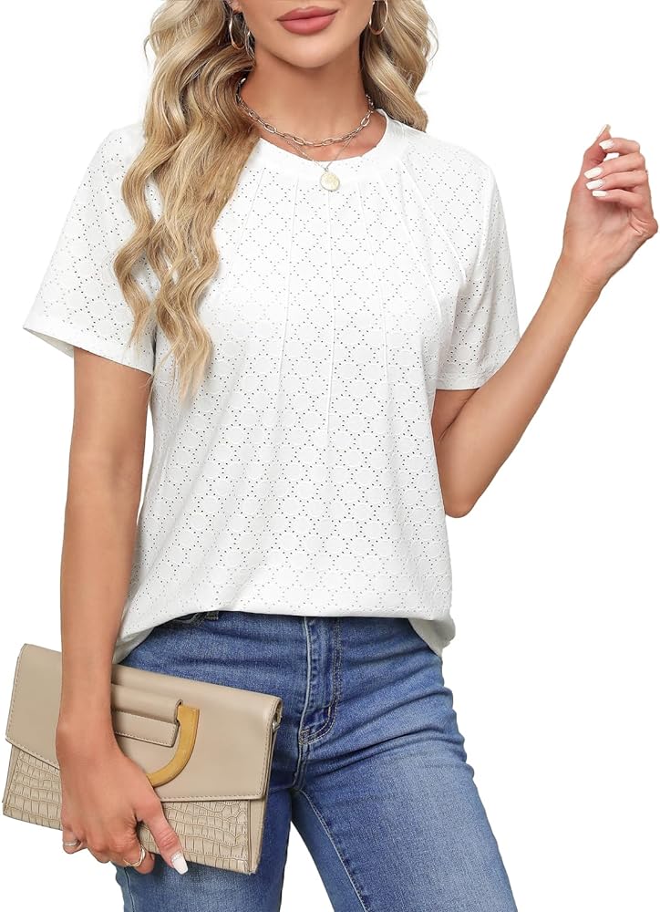 ZANZEA Women's Short Sleeve Shirts Crew Neck Eyelet Embroidery Tops Womens Blouses Dressy Casual Lace Flowy Summer T Shirts