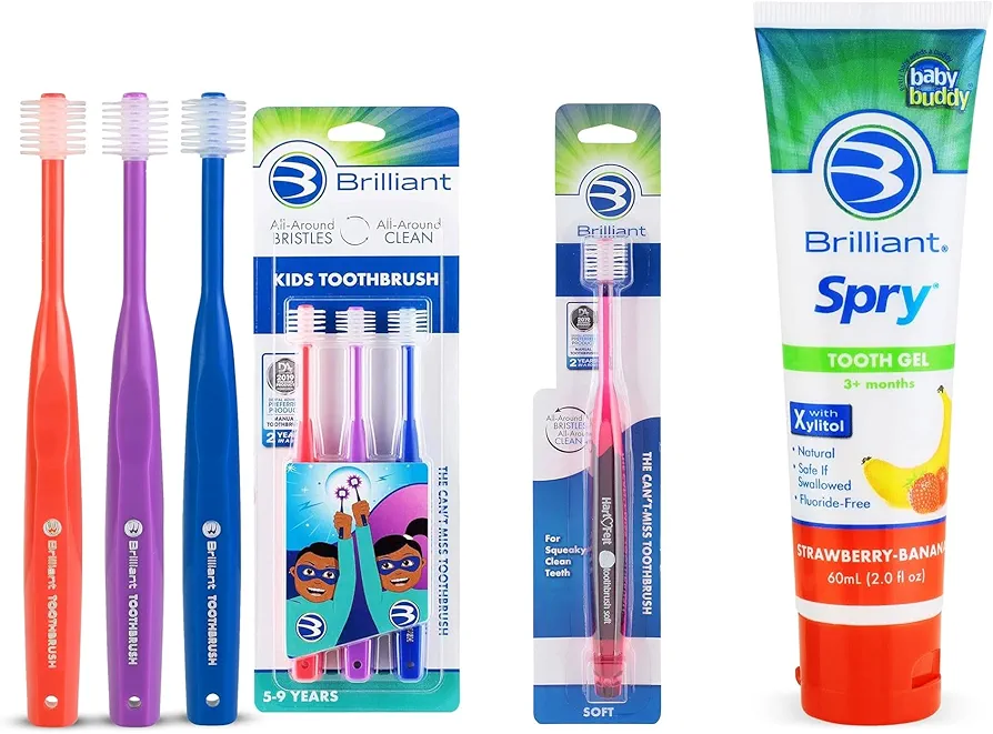 Brilliant Oral Care Bundle; 3 Pack Kids Toothbrush Red Purple Royal, 1 Pack Adult Toothbrush - Red with Soft Bristles Round Head & Kids Fluoride Free Toothpaste, 1 Pack Spry Gel with Xylitol