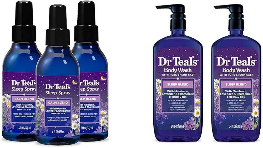 Dr Teal's Sleep Spray with Melatonin & Essential Oil Blend, 6 fl oz (Pack of 3) & Sleep Blend Body Wash with Pure Epsom Salt, Melatonin & Essential Oil Blend, 24 fl oz (Pack of 2)