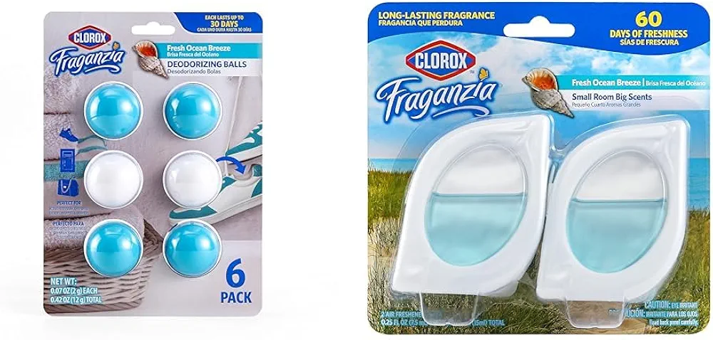 Clorox Fraganzia Fresh Air Bundle: Fresh Ocean Breeze Deodorizing Balls, 6-Pack & Small Room Air Fresheners, 2 Count for Lasting Fragrance and Freshness