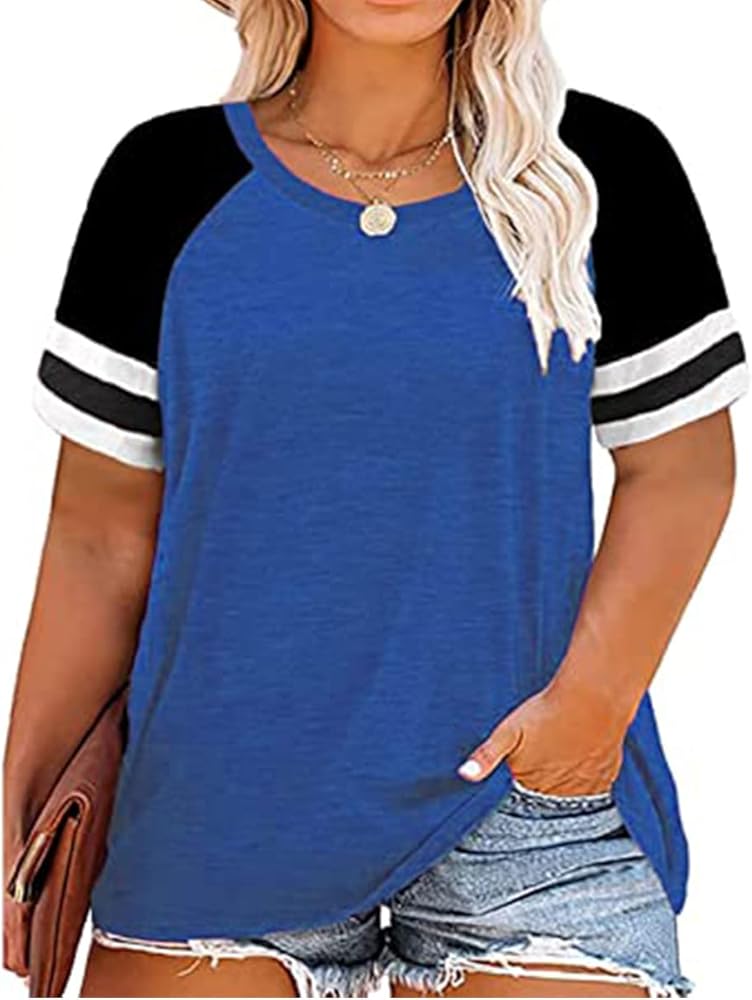 RITERA Plus Size Tops for Women 2X Oversized Casual Shirt Summer Color Block Raglan Short Sleeve Tunic Black and Grey Henley Shirts Crew Round Neck Tunic 20W 22W