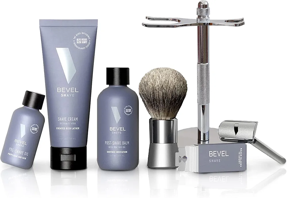 Shaving Kit for Men with Shaving Brush & Safety Razor Stand by Bevel - Starter Shave Kit, Includes Safety Razor, Shaving Brush, Shave Stand, Shave Cream, Pre Shave Oil, Balm and 20 Blades