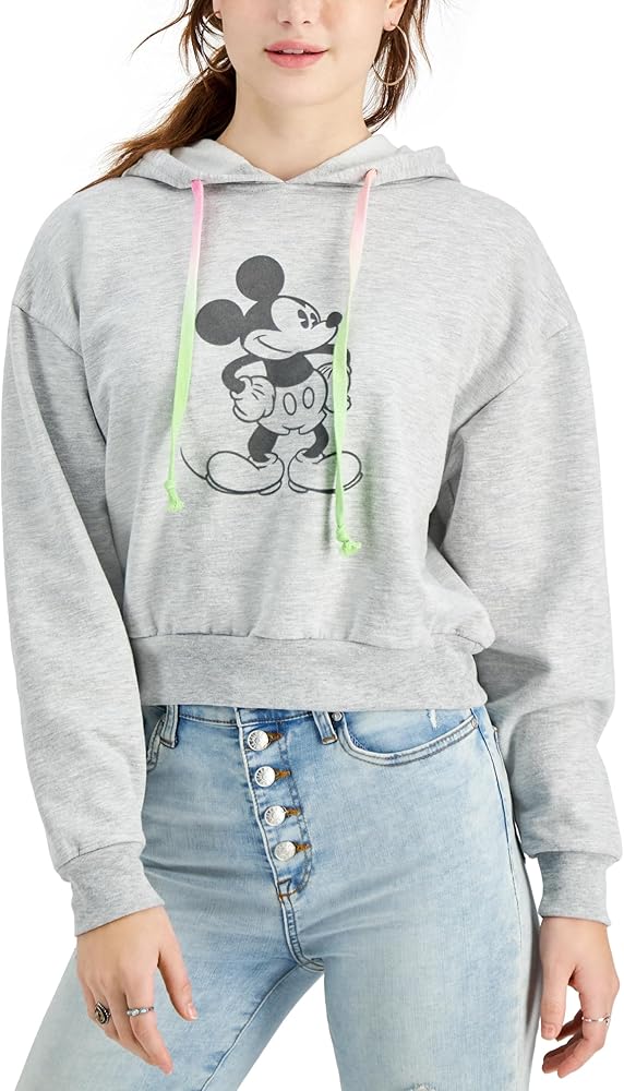 Disney Women's Ladies Mickey Mouse Fashion Cropped Hoodie with Dip Dye Drawstrings-Juniors