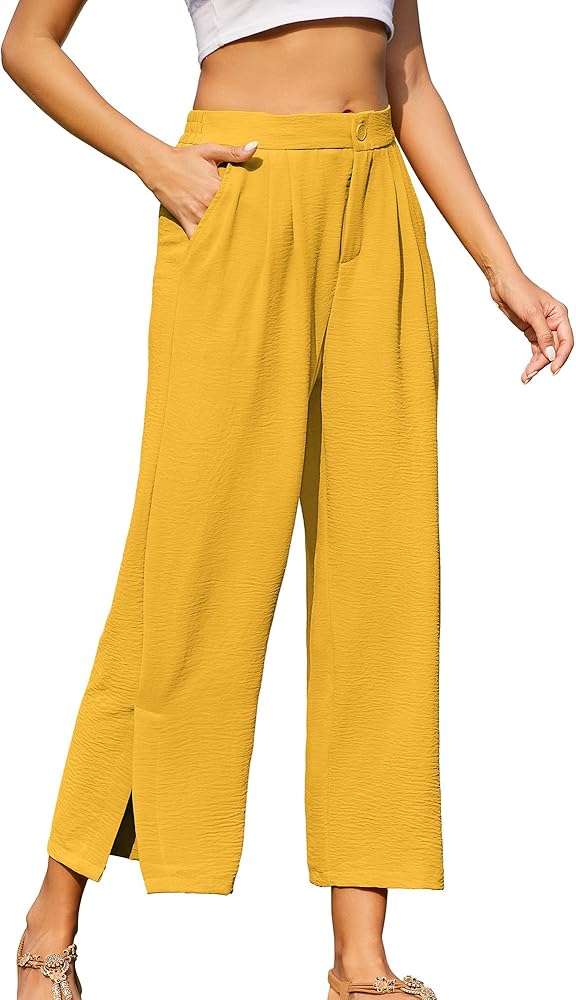 Women's Casual Wide Leg Pants Elastic High Waist Button Up Capri Palazzo Trousers with Pockets