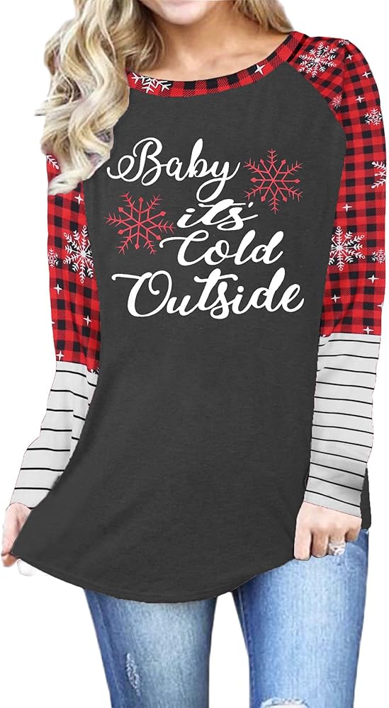 Plus Size Baby It's Cold Outside Christmas T Shirt Women Long Sleeve Plaid Splicing Tops Blouse