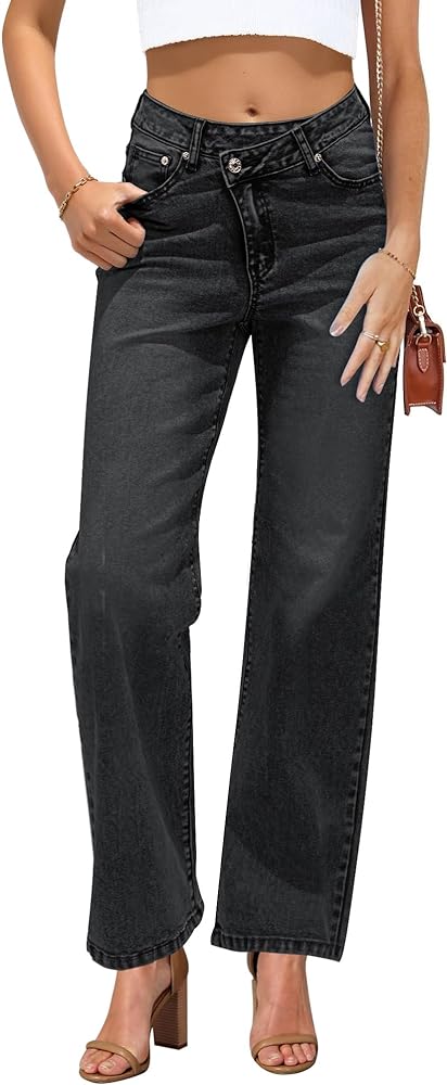 GRAPENT Baggy Jeans for Women High Waisted Straight Leg Crossover Trendy Stretch Denim Pants Slouchy Jeans with Pockets