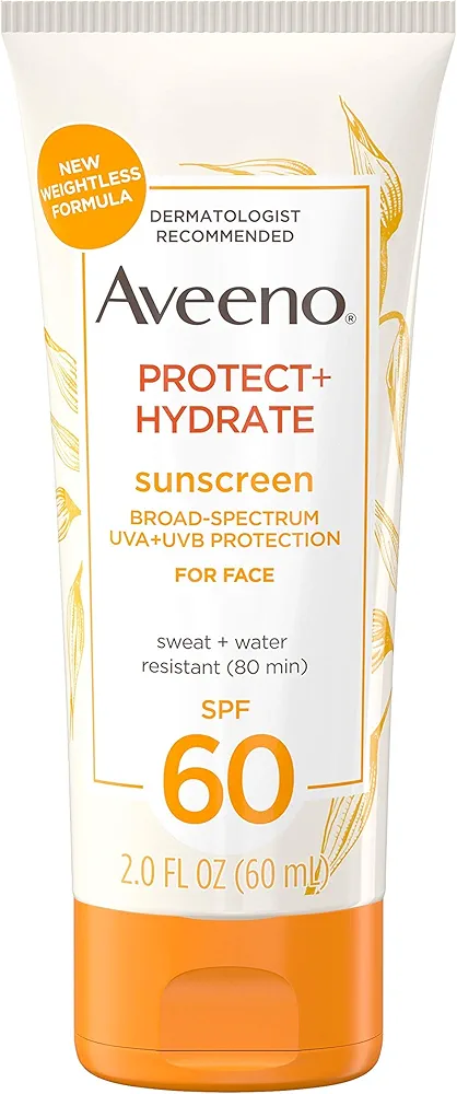 Aveeno Protect + Hydrate Sunscreen Moisturizing Face Lotion with Broad Spectrum SPF 60 and Prebiotic Oat, Paraben, Phthalate, Oxybenzone and Oil Free Sunscreen for Sensitive Skin, 2.0 FL OZ