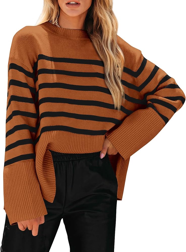 PRETTYGARDEN Women's 2024 Fall Striped Sweater Oversized Long Sleeve Crew Neck Side Slit Casual Trendy Knit Pullover Sweaters