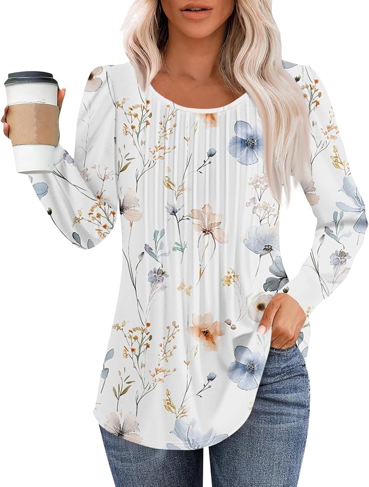 Women's Long Sleeve Tunic Tops Pleated Crew Neck T Shirts Fall Fashion 2024 Clothes Casual Basic Blouses