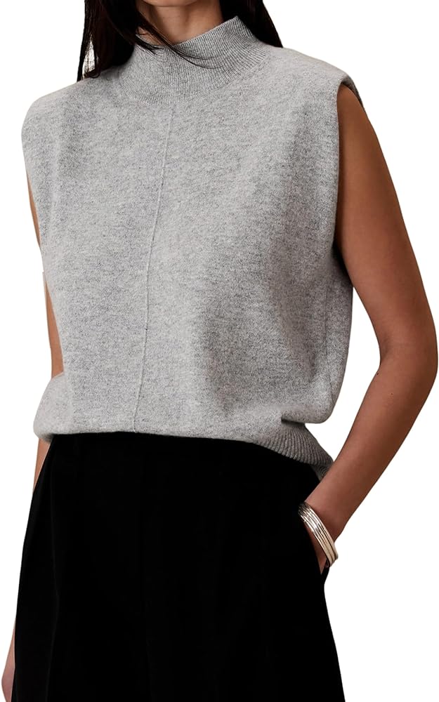 Women's Mock Neck Sleeveless Sweater Vest Elegant Solid Cap Sleeve Knit Pullover Tank Tops Loose Fit Ribbed Knitwear