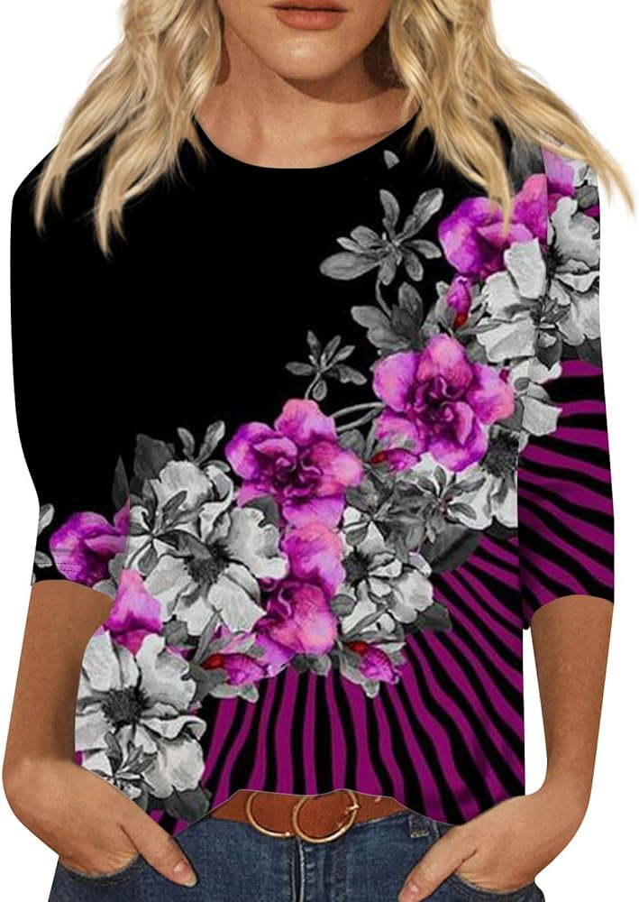 Fall Outfits,Ladies Fall Clothes 3/4 Sleeve Cute Floral Graphic Basic Tees Comfy Tunic Blouses Dressy Casual