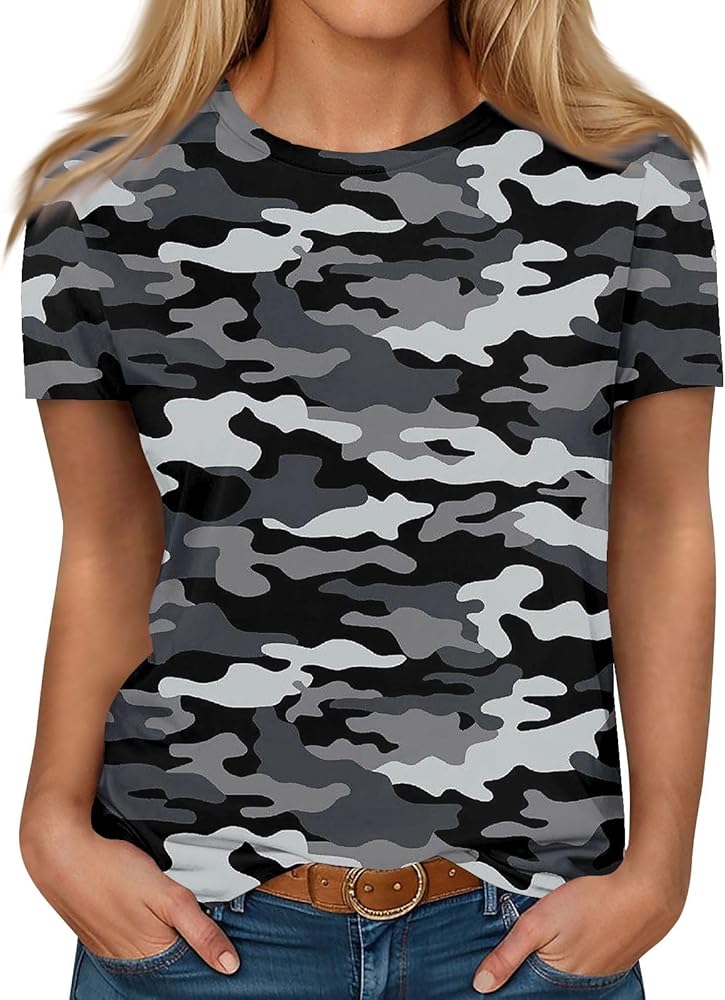 T Shirts for Women Camouflage Print Cute Going Out Tops Short Sleeve Crew Neck Shirts Blouses Casual Clothes Trendy S-5xl