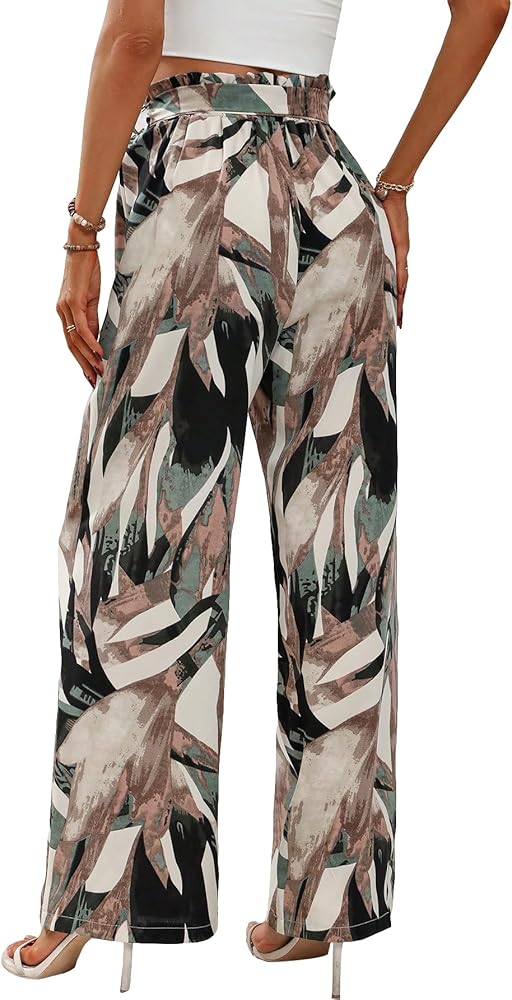 Floerns Women's Boho Allover Print Elastic Waist Belted Wide Leg Pants