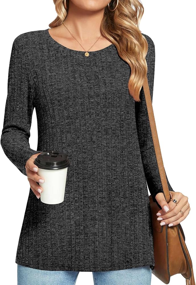 HOTGIFT 2024 Women's Fall Winter Tunic Tops Long Sleeve Casual T-Shirts Soft Comfy Elastic Shirt Tee Loose Basic Blouse