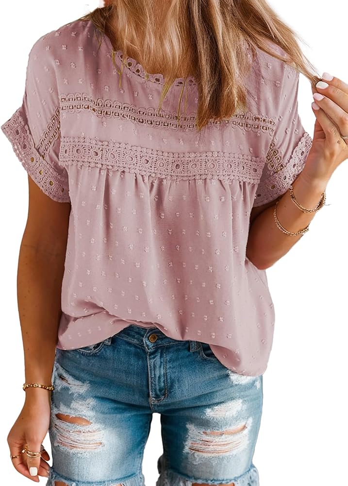 Womens Summer Tops Cute Crewneck Short Sleeve Lace Crochet Babydoll Shirts Women Dressy Casual Blouses