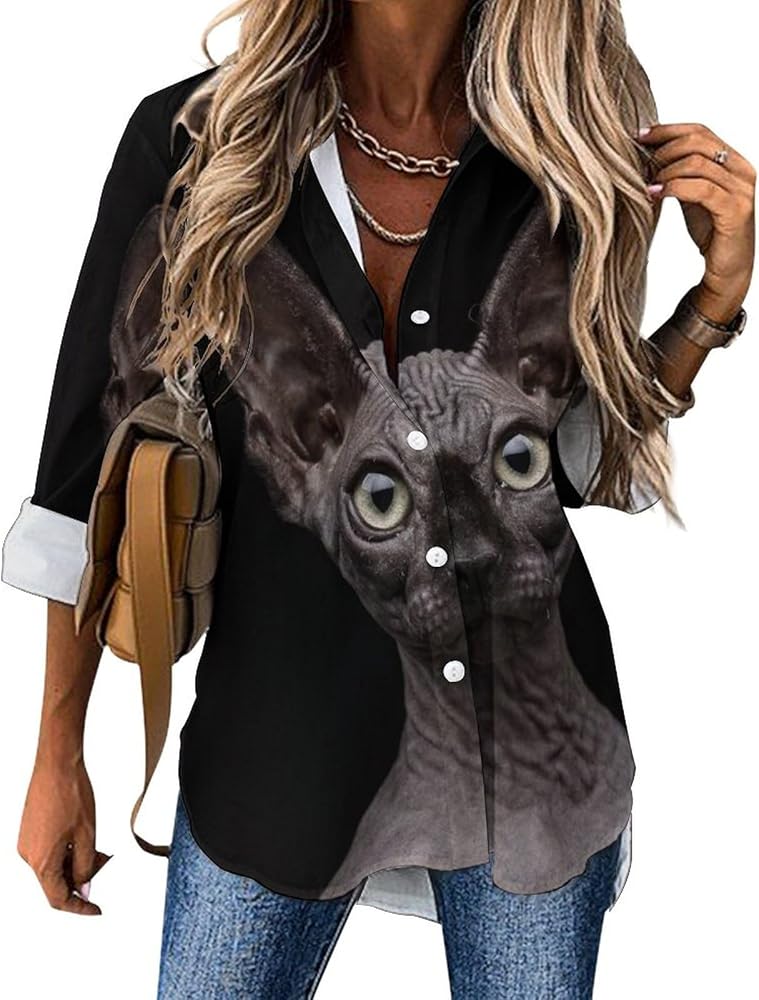 Sphinx Cat Classic Shirts for Women Long Sleeve Blouse Casual V Neck Tee Tops Work Office